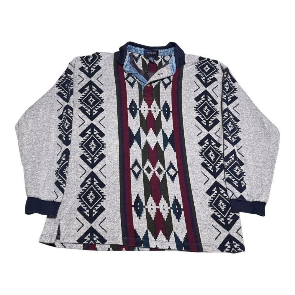 Vintage 90s Gant‎ Aztec Printed Collared 1/4 Button Sweatshirt Adult Large
